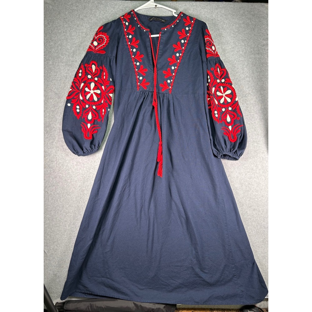 Zara Woman XS Embroidered Midi Dress Navy Blue Red Boho Peasant Tassel Sleeve